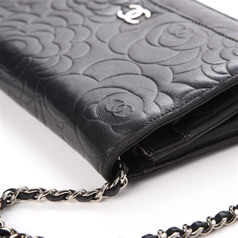 chanel black camellia wallet button|chanel wallet on chain size.